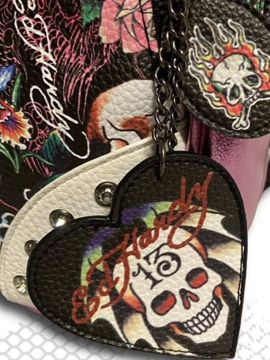 Ed Hardy Skull and Roses Tattoo Print Mini Dome Backpack Metallic Pink NWT main image 7